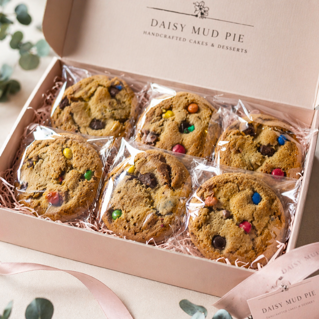 Box of 6 luxury chunky New York-style cookies in gift packaging, handmade by Daisy Mud Pie in Brentwood, Essex
