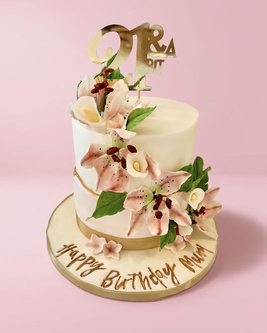 Pink Lily Two-Tier Fondant Cake